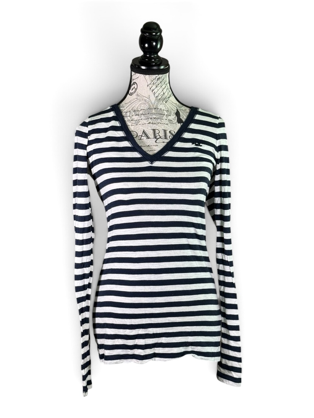 Hollister Navy & White Striped V-Neck Long Sleeve Top #R25